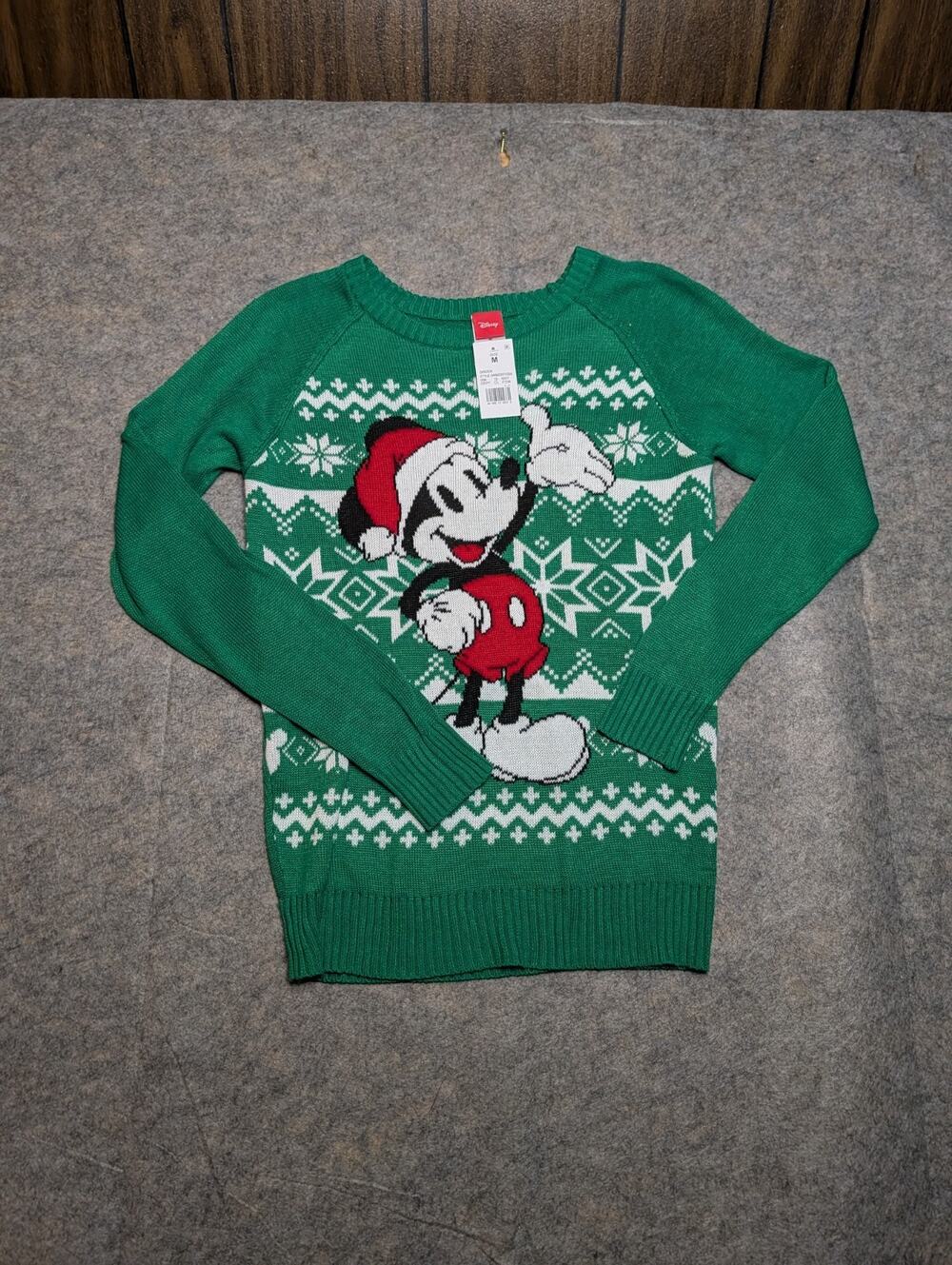 Disney Mickey Mouse Womens Christmas Sweater M Medium Green Fair Isle Snowflake